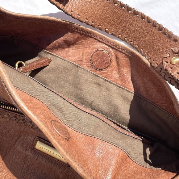 Isabella Fiore Brown Leather Hobo Bag Satchel Purse Braided Detail - Picture 8 of 11